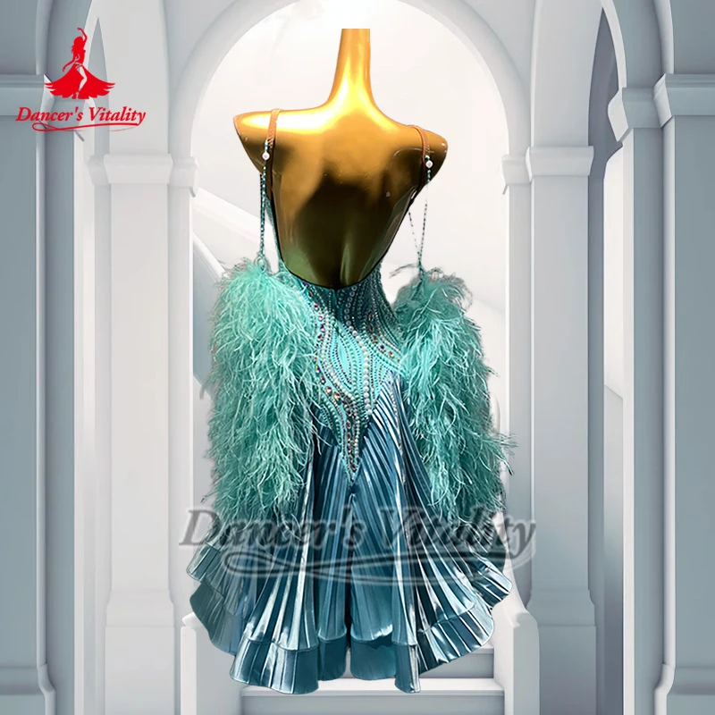 Quickstep النعناع الأخضر عارية الذراعين اللؤلؤ الديكور مطوي فساتين الكبار الرقص الاجتماعي الملابس المهنية مخصص حيوية الراقصة