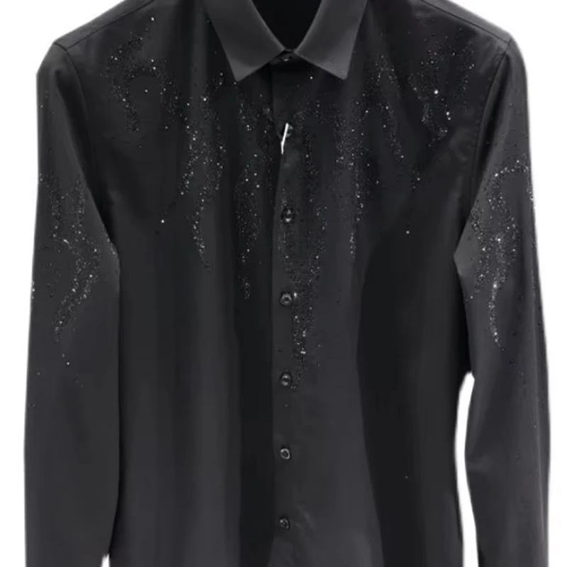 Spring Autumn Fashion Solid Diamonds Men\'s Clothing Shirts American Style POLO Collar Long Sleeve Buttons Loose Chaopai Blouse