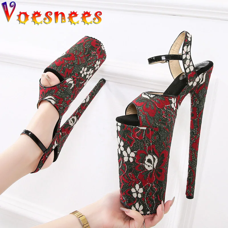 

Plus Size 43 Fashion Model Sandals Sexy Women Platform Summer Stiletto Pumps 26CM Lace High Heels Shoes Club Striptease 2022 New