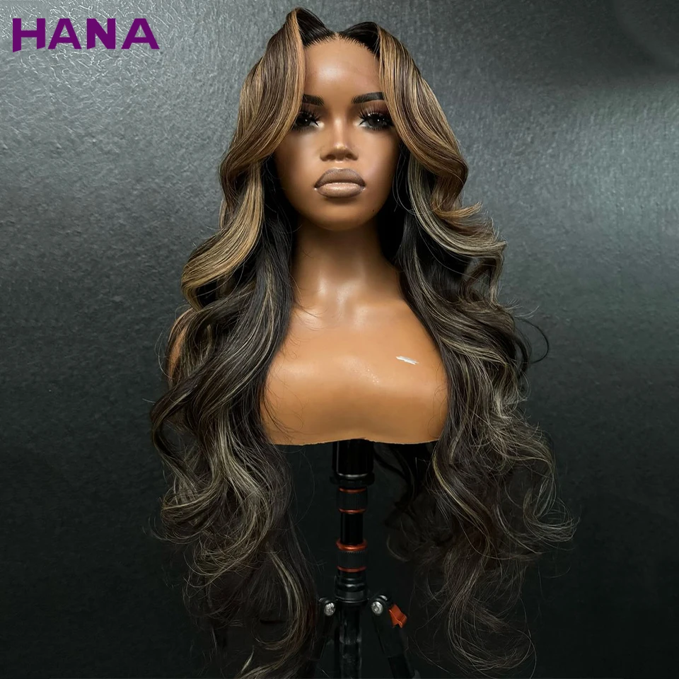 

Highlights Blonde Brown With Black Colored 13x4 Lace Frontal Wig Body Wave Pre-Plucked Lace Closure Human Hair Wigs For Women