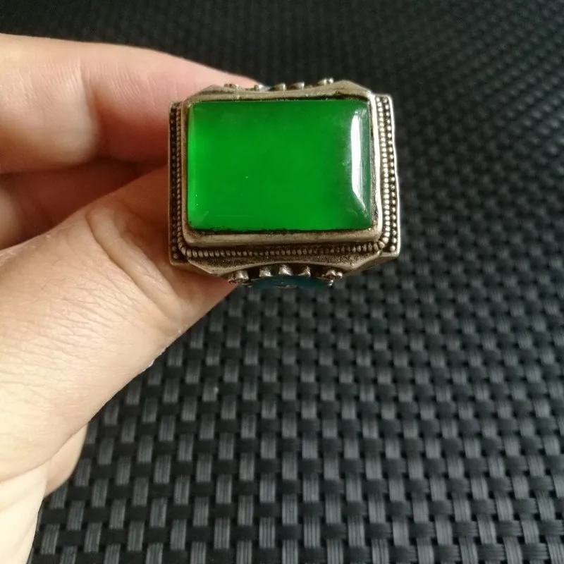 Antique Jadeite Jade With Old Inlay And Pattern, Open , Silver Men'S Ring