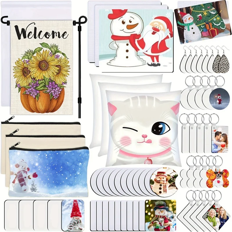 Best 128 PCS Sublimation Blanks Products, Christmas Ornaments Crafts Sublimation Kit , DIY Heat Printing Pattern Craft