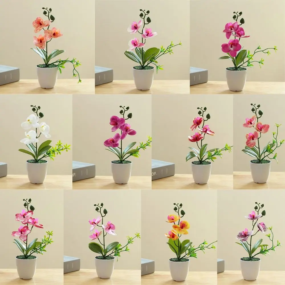 

Three Flower Phalaenopsis Bonsai Handmade with Pot Simulation Flower Plastic Artificial Orchids Garden Decoration