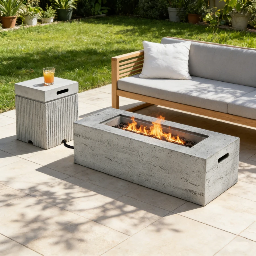 

Patio backyard propane fire pit set: stainless steel, black, 40000 BTU output with lava rocks and waterproof MGO tank cover tab