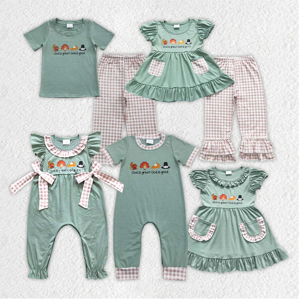 

GSPO0827 Wholesale Thanksgiving autumn baby boy clothes Embroidered turkey short sleeve pants sets Summer Boutique kids romper