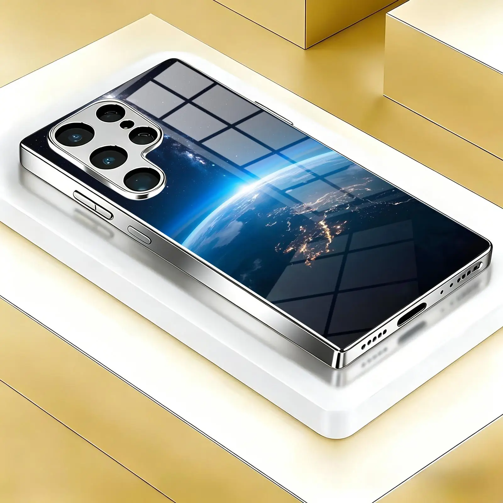 Phone Case For SamsungS26 S25 S24 S23 S22 S21Plus Ultra Note20 Electroplated glass Phone Case Viewing the Earth from outer space
