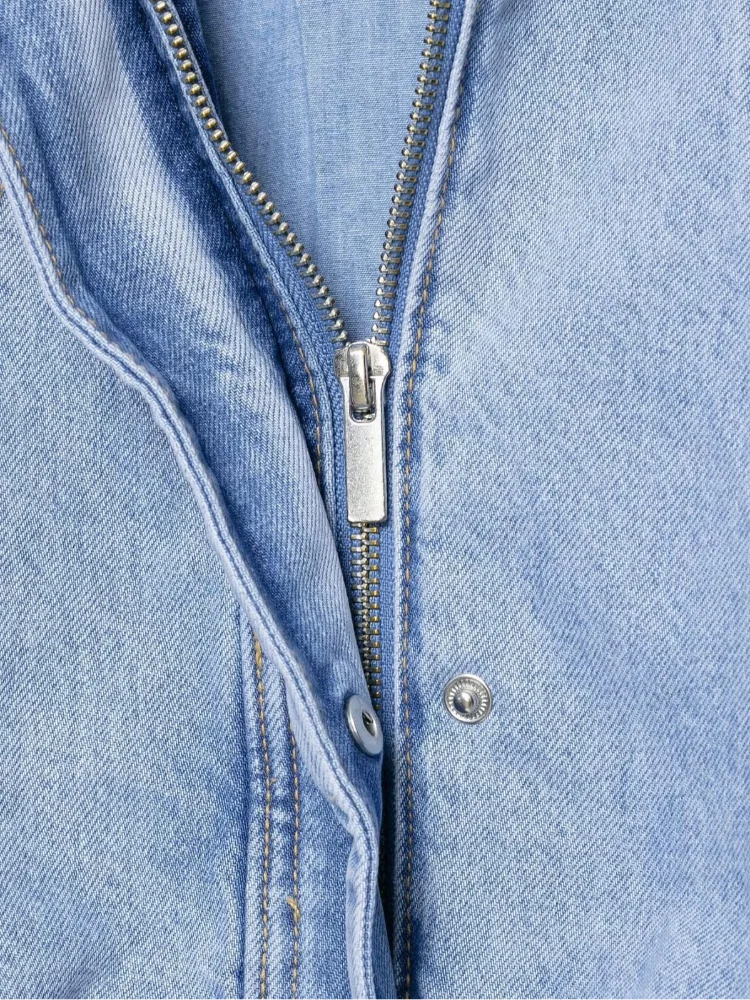 Vintage Blaue Kurze Jeansjacke für Damen mit Stehkragen, Reißverschluss und Knöpfen, Lose Passform, Langarm, Neue Streetwear für den Alltag im Herbst – Detail 7