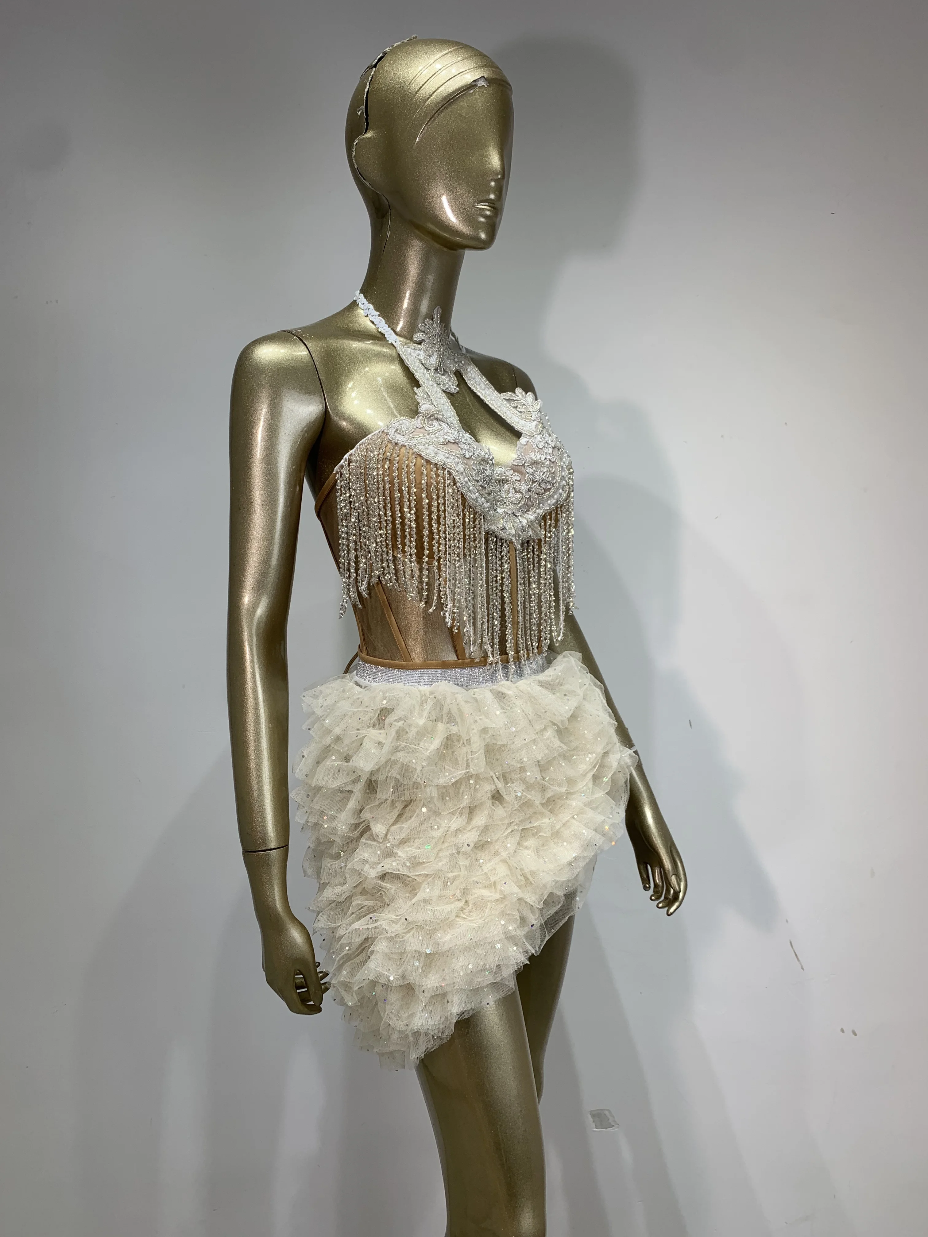 Sparkly Tassel Sexy Backless Two Pieces Set 2025 Women Evening Prom Celebrate Birthday Party Dress PerformanceStage Outfit