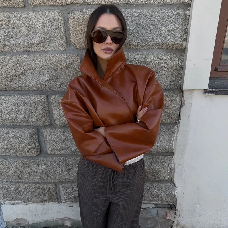 Rollkragen-Kurzjacke aus Kunstleder für Damen, Oversize-Streetwear mit Langen Ärmeln, Einfarbig, Locker Sitzende Mäntel, Schicke Damen-Oberbekleidung, Neue Kollektion – Detail 24