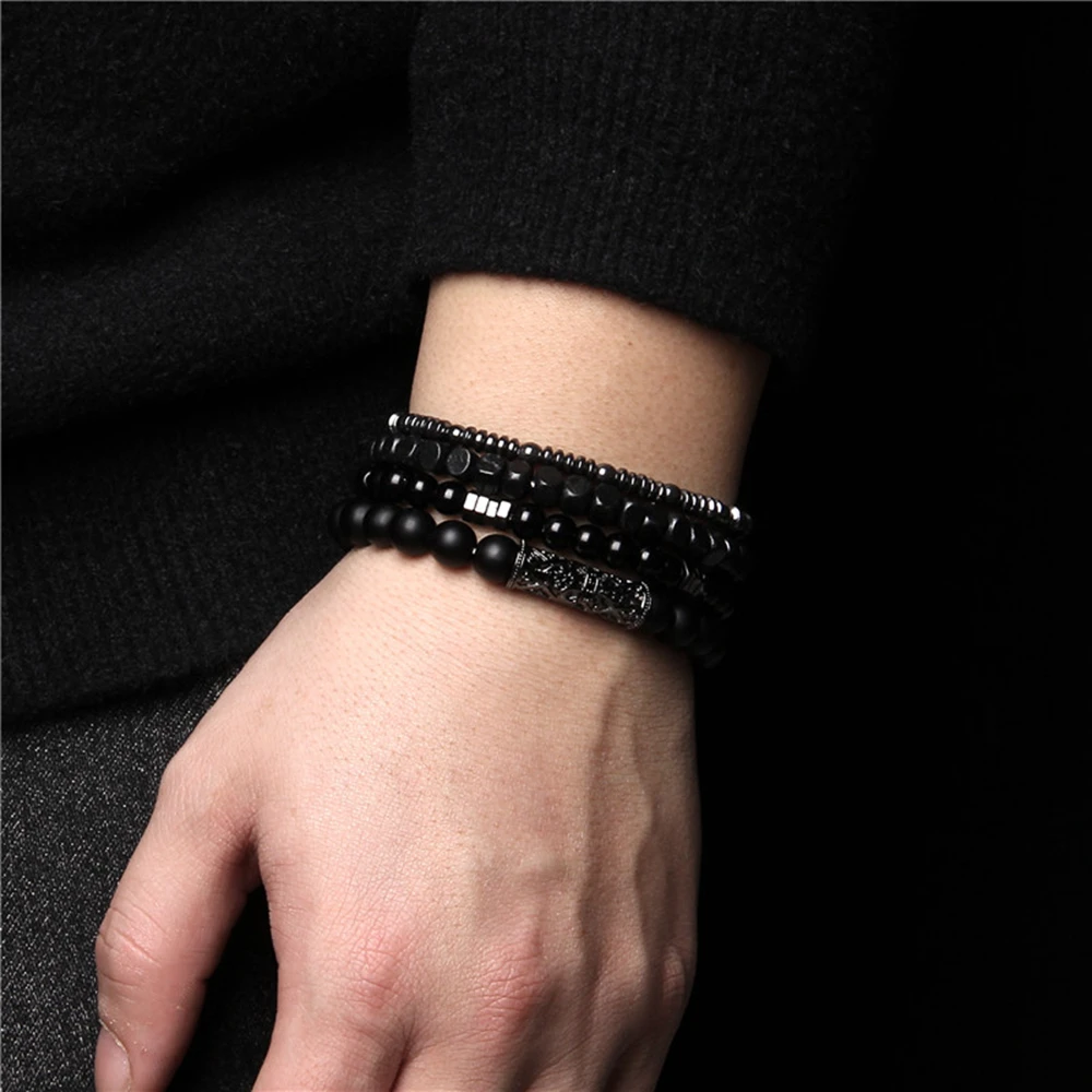 Männer Multilayer Stein Armband 4 Teile/satz Natürliche Schwarz Hämatit Vulkanischen Lava Stein Perle Elastische Armreif Vintage-Schmuck Geschenk – Detail 9