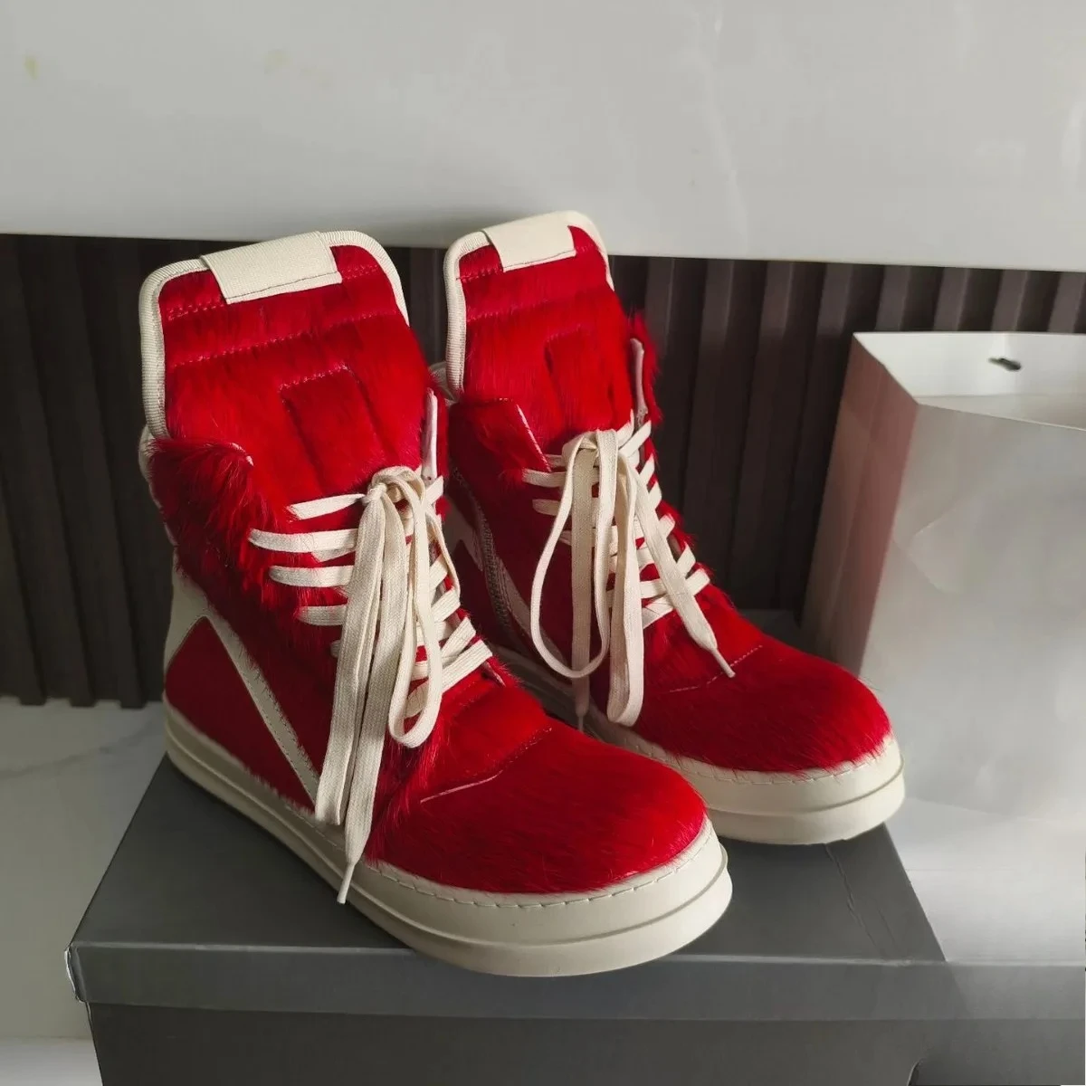 

Zipper Ankle Boots Men's Horsehair High-tops Sneakers Women Thick Soled Quality Leather Lace-up Fashion Shoes