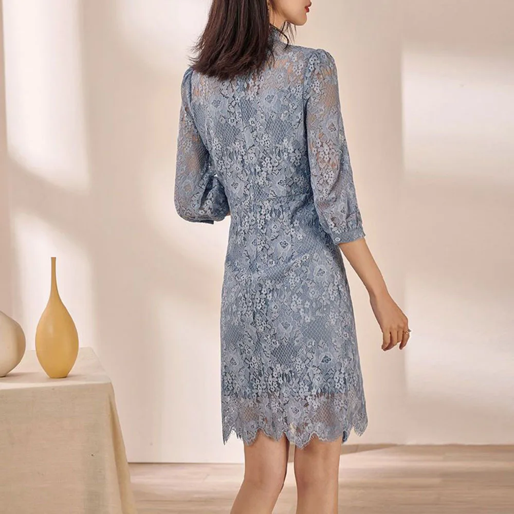 Women Business Lace Dress Hook Flower Hollow Ladies Short Sleeve Dressws Blue Bag Hip Office Ladies Knee-Length Elegant Dress