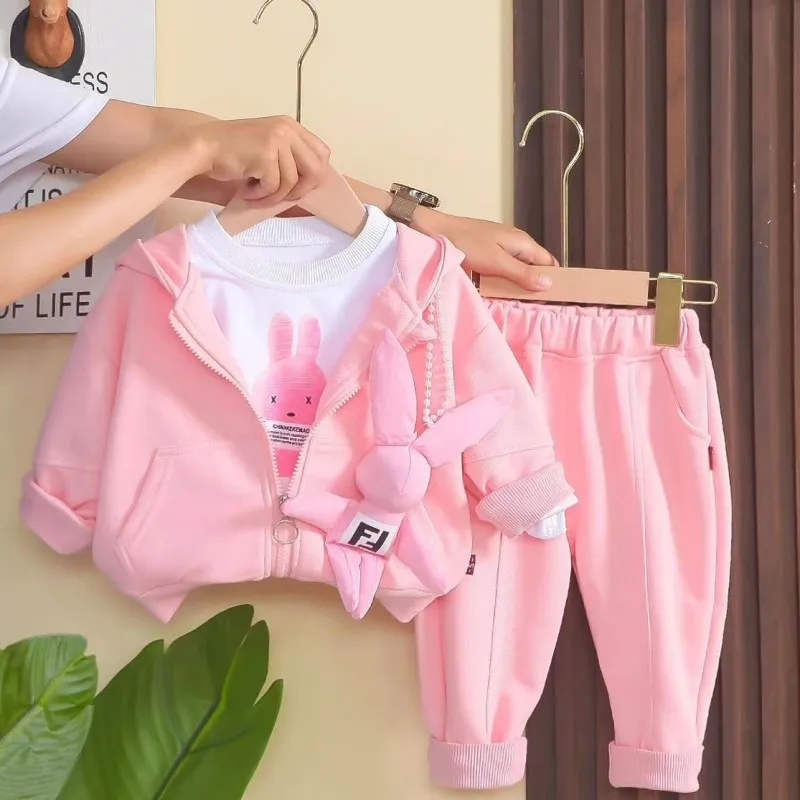 Girls Baby Clothing Set 2024 New Cartoon Children's Cute Casual Coat T-shirt Pants 3 Piece Set Spring and Autumn Kids Outfits