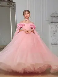 Pink Off Shoulder Boat Neck Flower Girl Dresses for Birthday 2023 Summer Soft Tulle Wedding Party Gowns with Flower