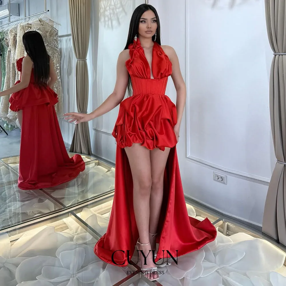 

CUYUN Red Women Prom Dresses with Train V-Neck Sleeveless Pleated Evening Dresses Customized Mini Prom Party Gown Special Event
