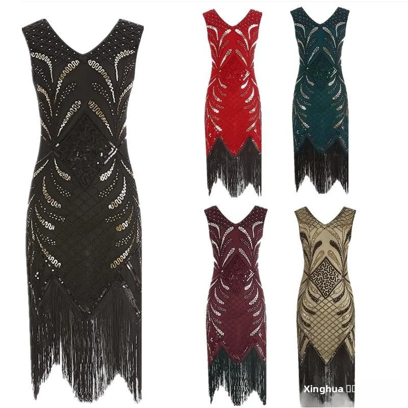 

Retro Beaded Fringe Dr Vintage 920S Gown V-Ne Svel Evening Par Dr Women's Traditional Costume Stage Costume
