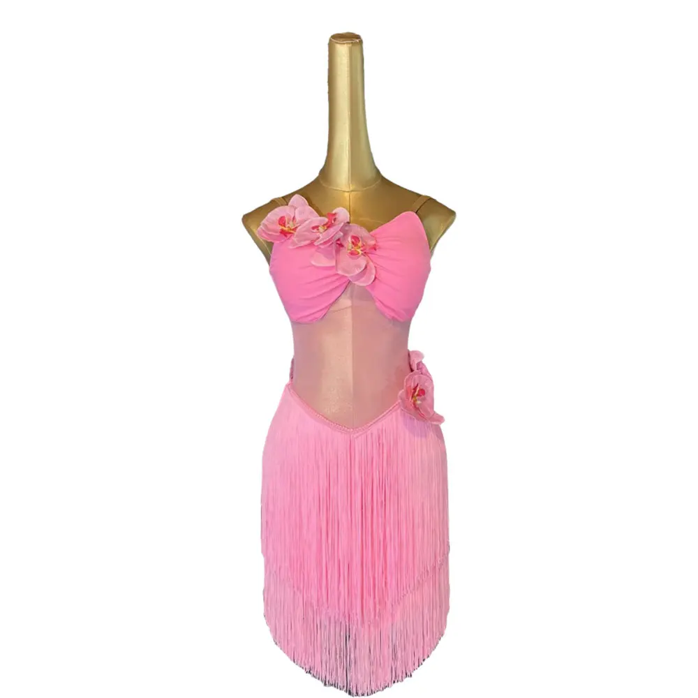 ラテンダンスドレスハイエンドカスタムフラワータッセルサスペンダー正確にタンゴ女性の大人と子供の専門服