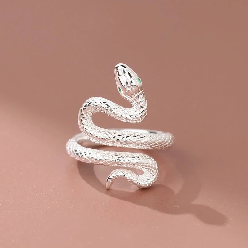 925 Sterling Silver Rings For Women Simple Vintage Handmade Adjustable Finger Snake Ring Fashion Band Female Bijoux Gift