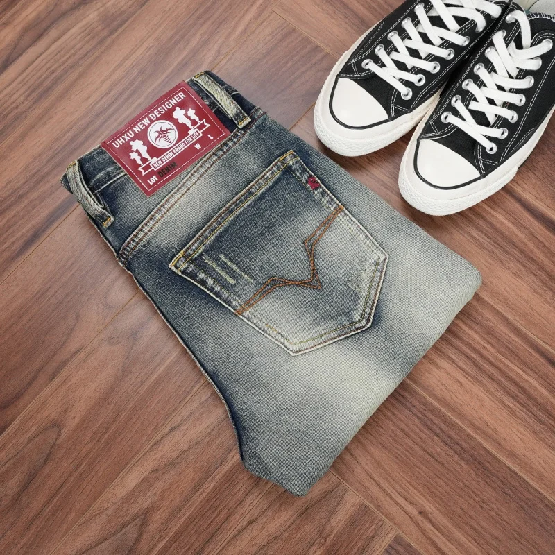 

New autumn and winter classic embroidered jeans, heavy wash vintage blue, slim straight fit, popular and comfortable men's wear