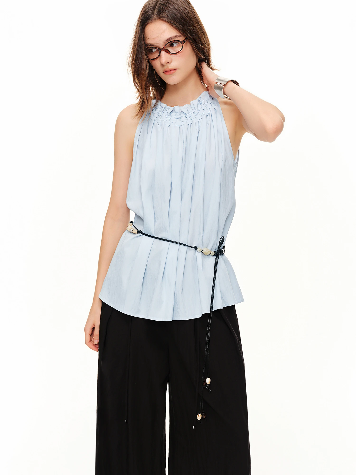 DUSHU Women Hand Knitted Craft Bud Collar Sleeveless Top | 2026 Summer New Arrival Minimalist Soft Style Elegant Tank Blouse