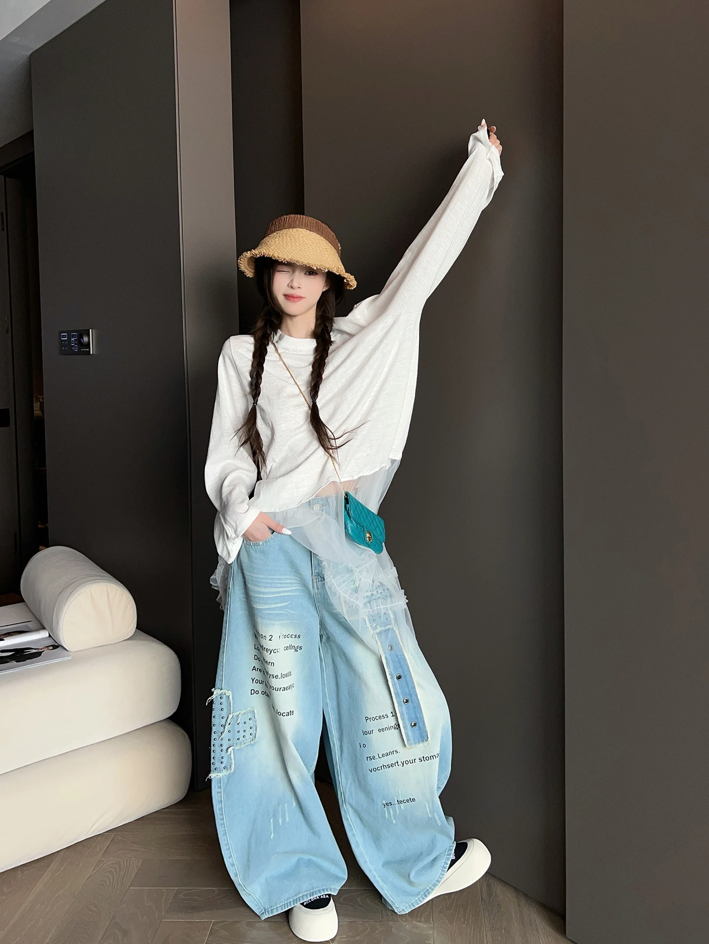 

Slimming Wide Leg Jeans Women's Spring Faion 2026 New Loose Versatile ort Size Knife Jeans l Waist Button Closure