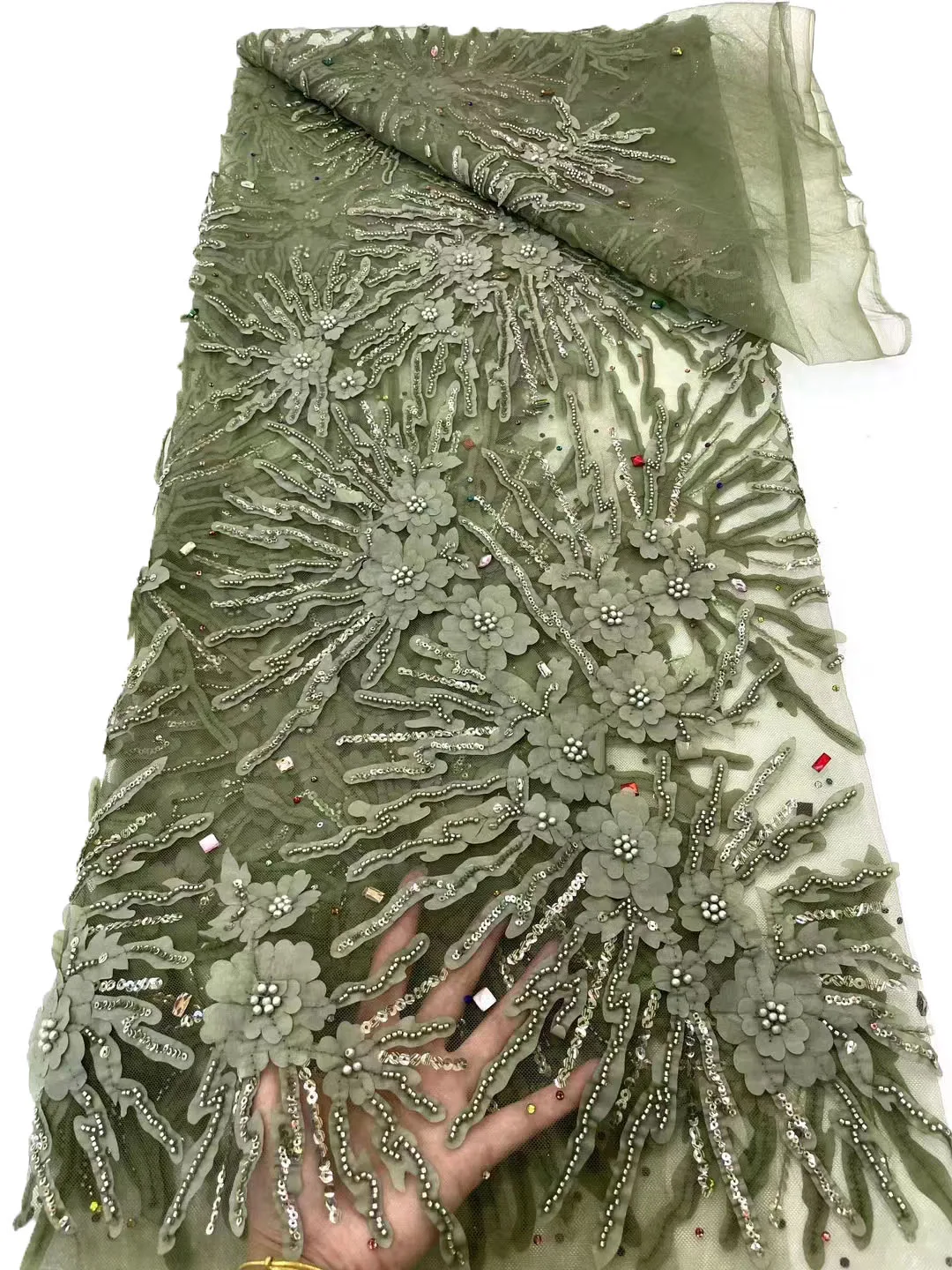 

New exquisite 3D floral lace with diamond beads beaded tube sequin embroidery, French tulle lace, stylish evening dress/5yards