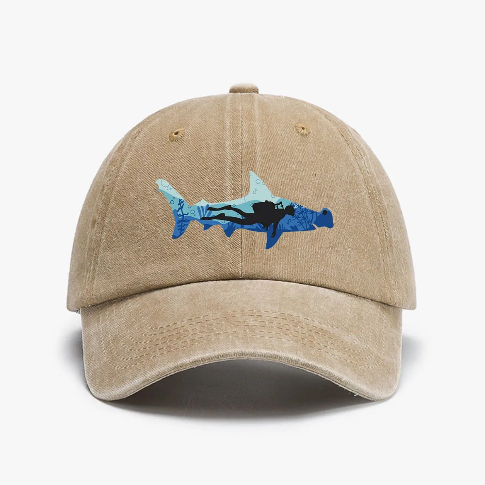 Hammerhead Shark Scuba Diver Diving Mens fishing baseball cap summer adjustable outdoor casual Distressed Denim Washed hat