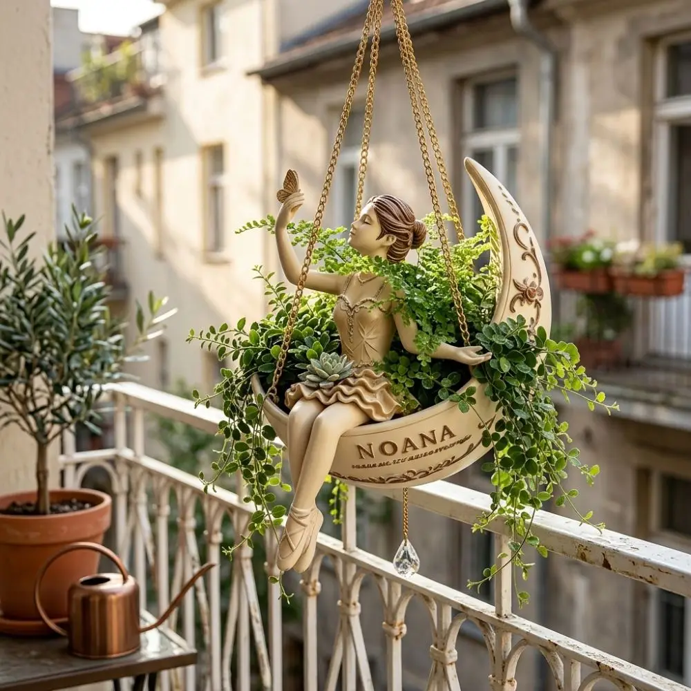 Resin Ballet Dancer Hanging Planter Elegant Ballerina Figure Hand Carved Moon Girl Flower Pot UV Resistant Weather Resistant