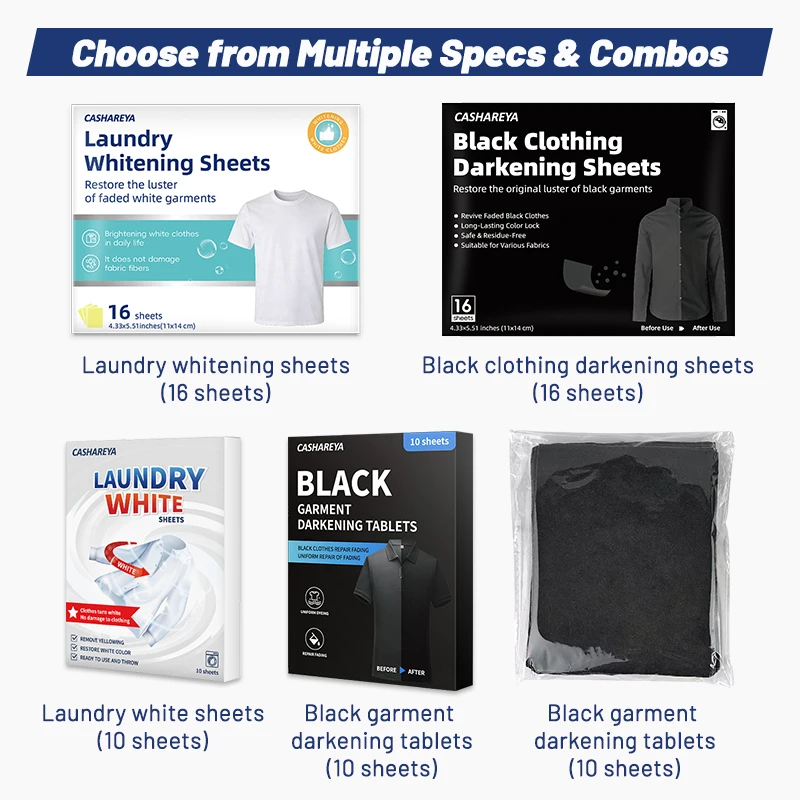 CASHAREYA Laundry Color Restorer Sheets 20pcs White Brightener & Black Restorer Laundry Sheets Clothes Revitalizing De-Yellowing