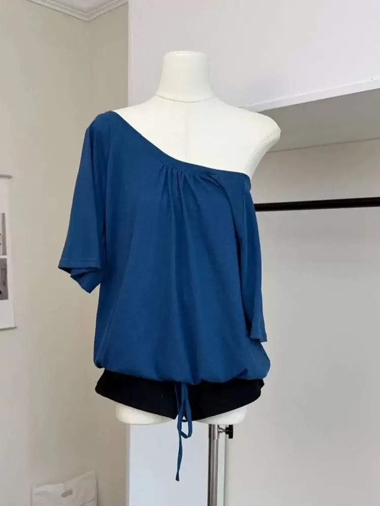 Women's One Shoulder Blouson Top Casual Loose Fit Drawstring Hem Asymmetric Short Sleeve Shirt y2k clothes sailor moon aesthetic