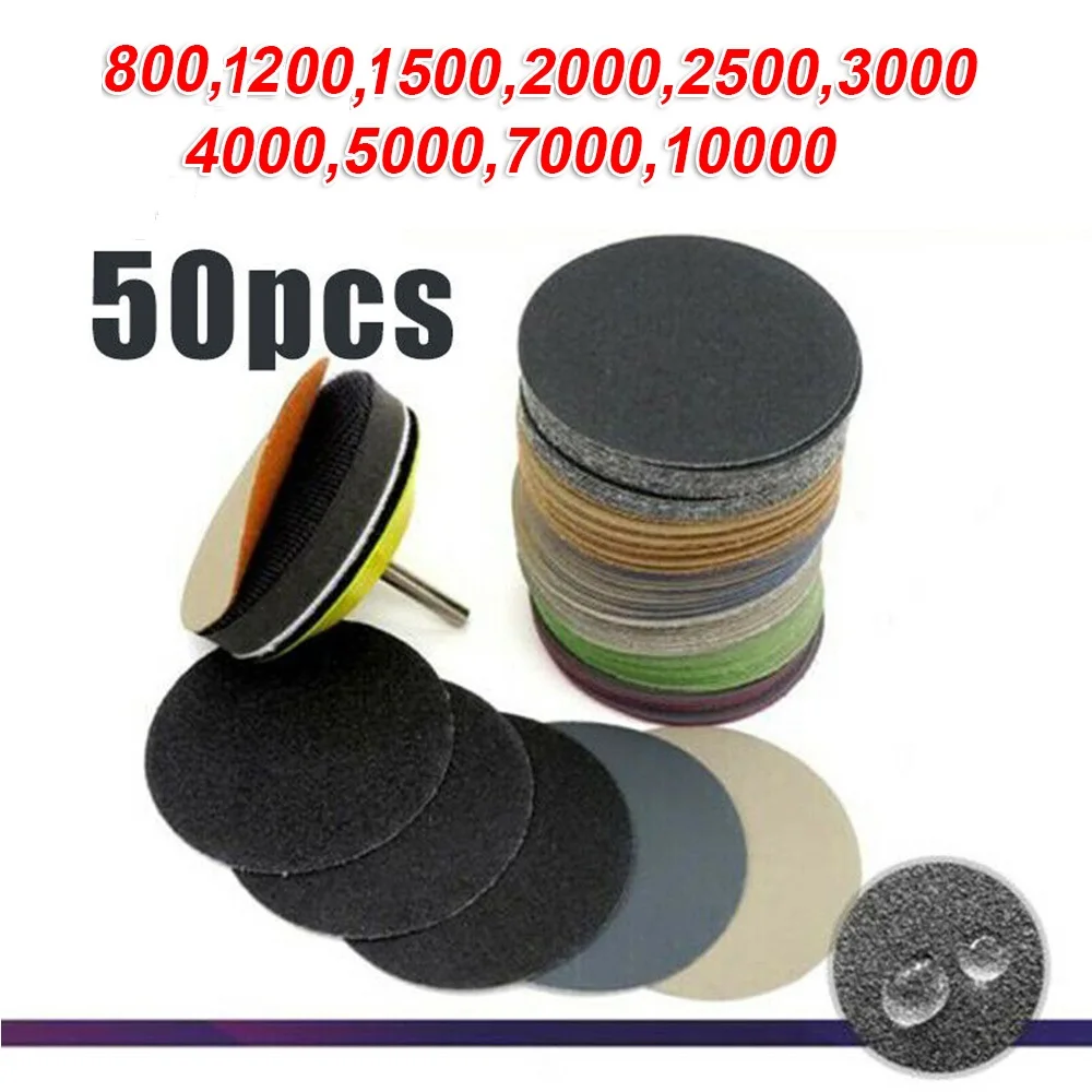 50pcs 3inch Sanding Discs Wet/Dry Sandpaper 800/1200/1500/2000/2500/3000/4000/ 5000/7000/10000 Grit Hook Loop Round Sander Disc