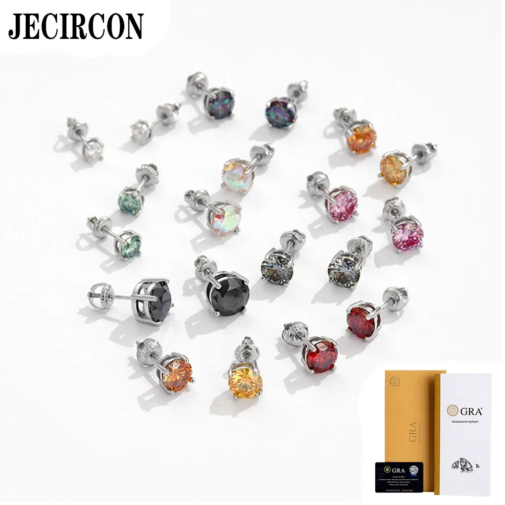 JECIRCON Screw Type 4-prongs Moissanite Stud Earrings 925 Sterling Silver Multi-color Optional Diamond Ear Jewelry for Women/Men