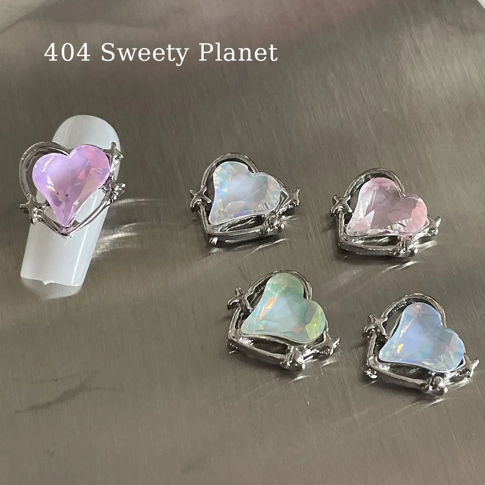 -Sweety Planet- 10pcs Mixed Dazzling Heart Charms Silver Star Metal Contour Alloy Aurora Macaroon Heart Crystal Nail Jewelry 404