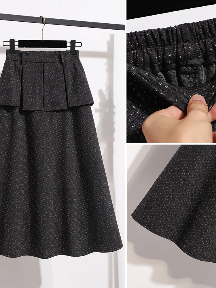 High-End Women's Autumn Winter plus Size Elastic Waist Tweed Midi Skirt A-Line Fashion Semi-Body Skirt Commute Style Embroidery