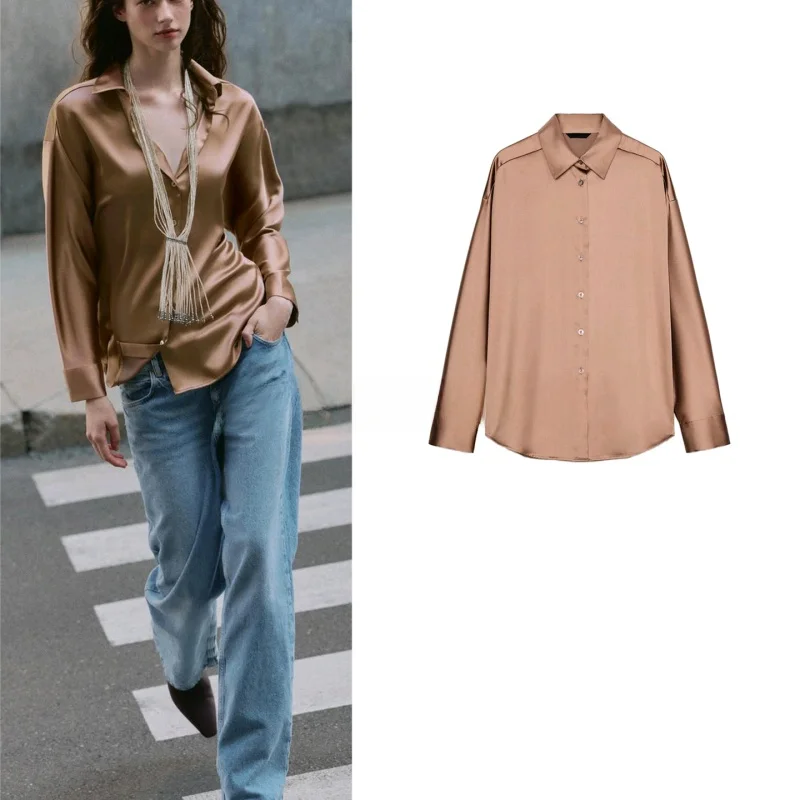 

Winter New Women's Commute Sle Long Sve Satin Feel oulder Drop irt Top Flip Collar Polyester Fiber Breathable Regula...
