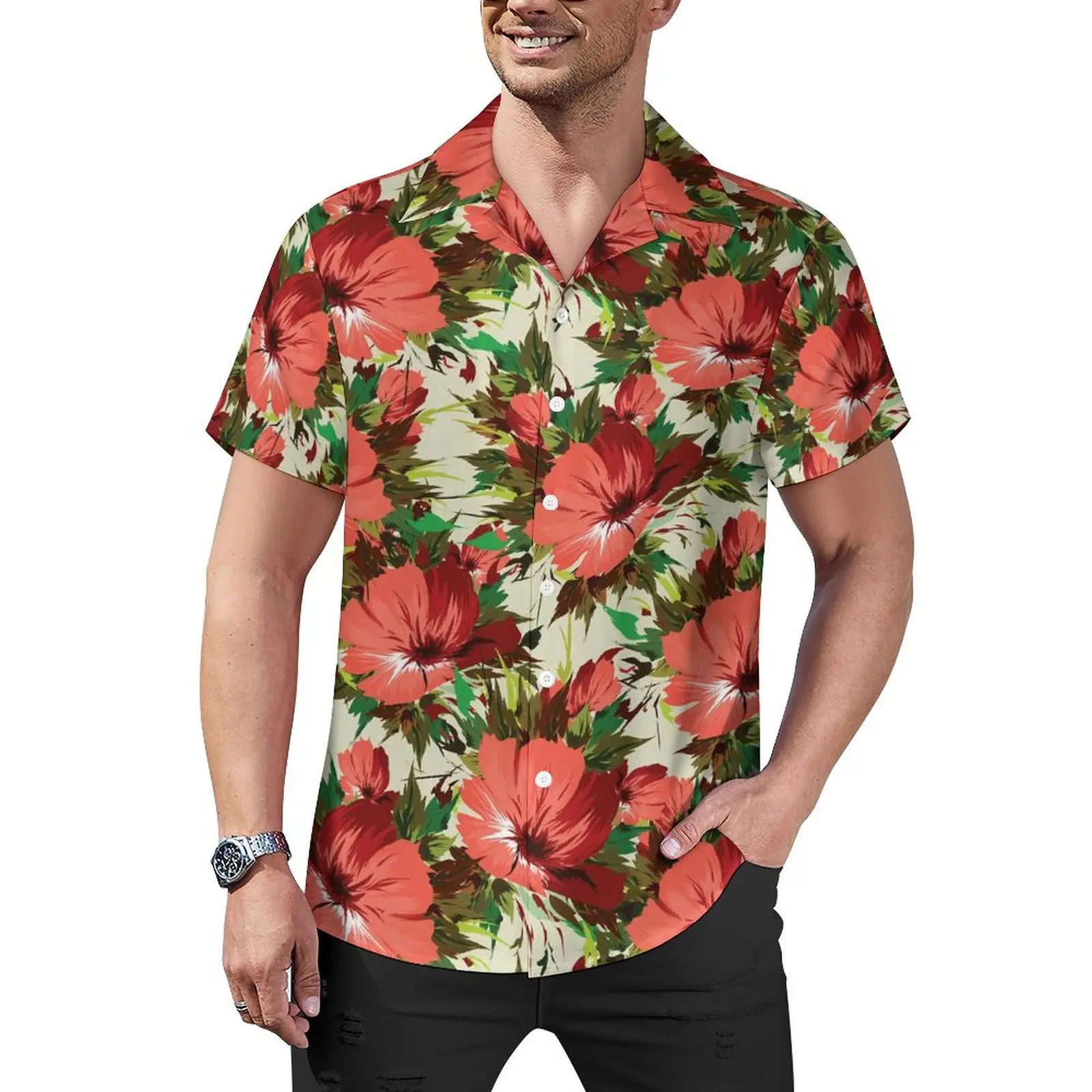 

Men's Hawaiian Shirt with Floral Print, Tropical Short Sleeve Casual Beach Shirt, Summer Vacation Shirt, Casual Beach Shirt
