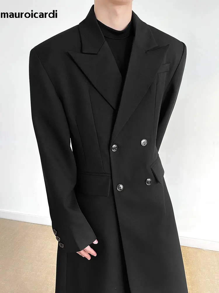 Mauroicardi Spring Autumn Long Fitted Black Trench Coat for Men Shoulder Pads Peaked Lapel Double Breasted Luxury Chic Overcoat 2 Mauroicardi Spring Autumn Long Fitted Black Trench Coat for Men Shoulder Pads Peaked Lapel Double Breasted Luxury Chic Overcoat 2