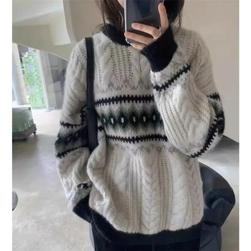 2024 Fashion Thickened Sweater for Women Autumn/Winter Vintage Fried Dough Twists Casual Round Neck Loose Knitted Top for Women