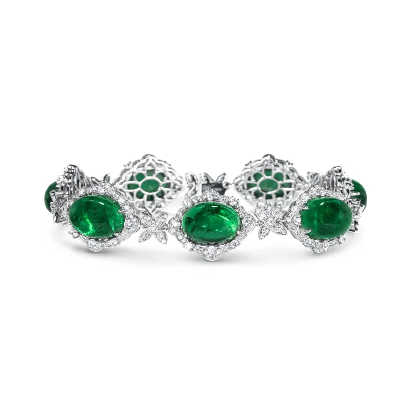 

CAMEO 925 Silver Synthetic Zircon Bracelet Artificial Emerald Oval Green Pigeon Egg Bracelet