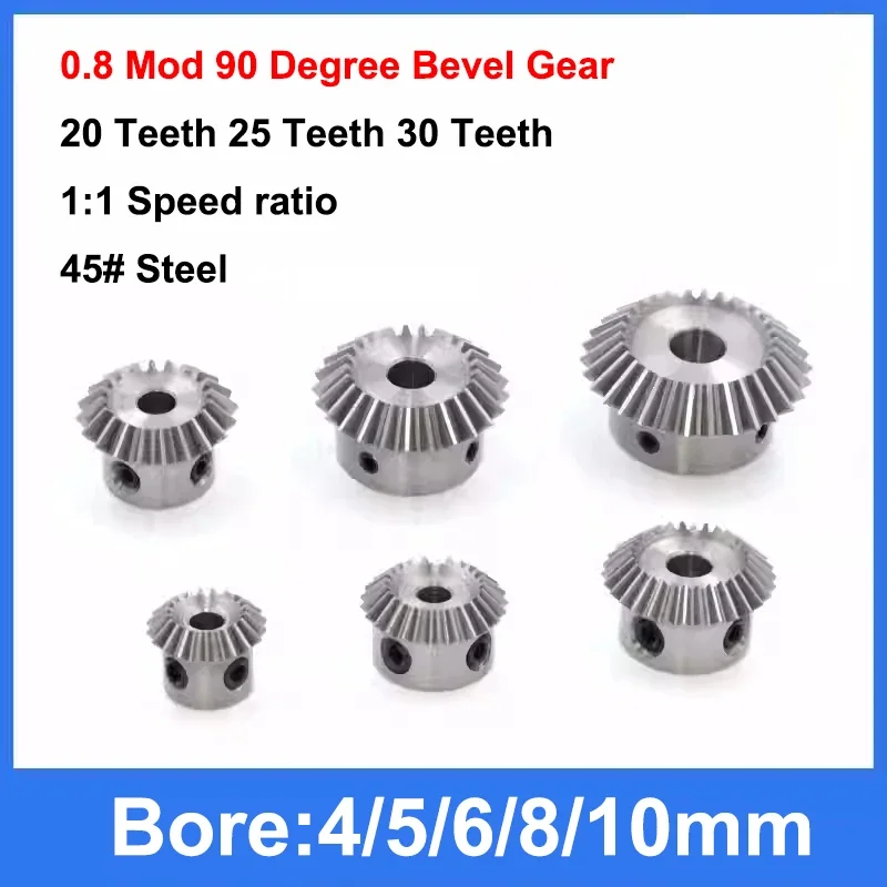 1pc 1:1 Bevel Gear 0.8 Mod 20/25/30 Teeth 45# Steel Bore 4/5/6/8/10mm 90 Degrees Meshing Angle Steel Gears