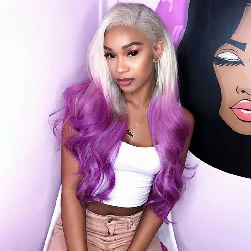 

180 Density Grey Purple Ombre Grey Yellow Body Wave 13x4 Transparent Lace Frontal Wig Brazilian 100% Human Hair Wig For Women