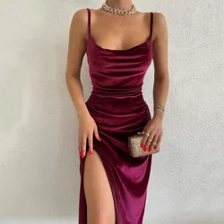 VELVET COWL NECK HIGH SLIT BACKLESS SLIP MAXI DRESS - BURGUNDY