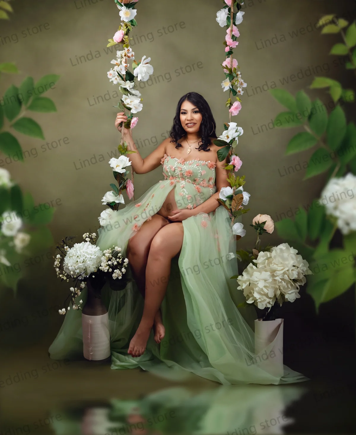 Pretty Green Maternity Dresses Off The Shoulder Prom Party Dresses 3D Flowers Appliques Pregnant Woman Gowns for Photoshoot image 5