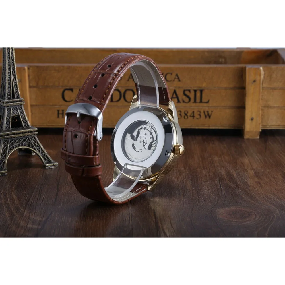 

Men Automatic Mechanical Wrist Watch Pu Band Golden Brown Stainless Steel Precise Movement Comfortable For Men Boys