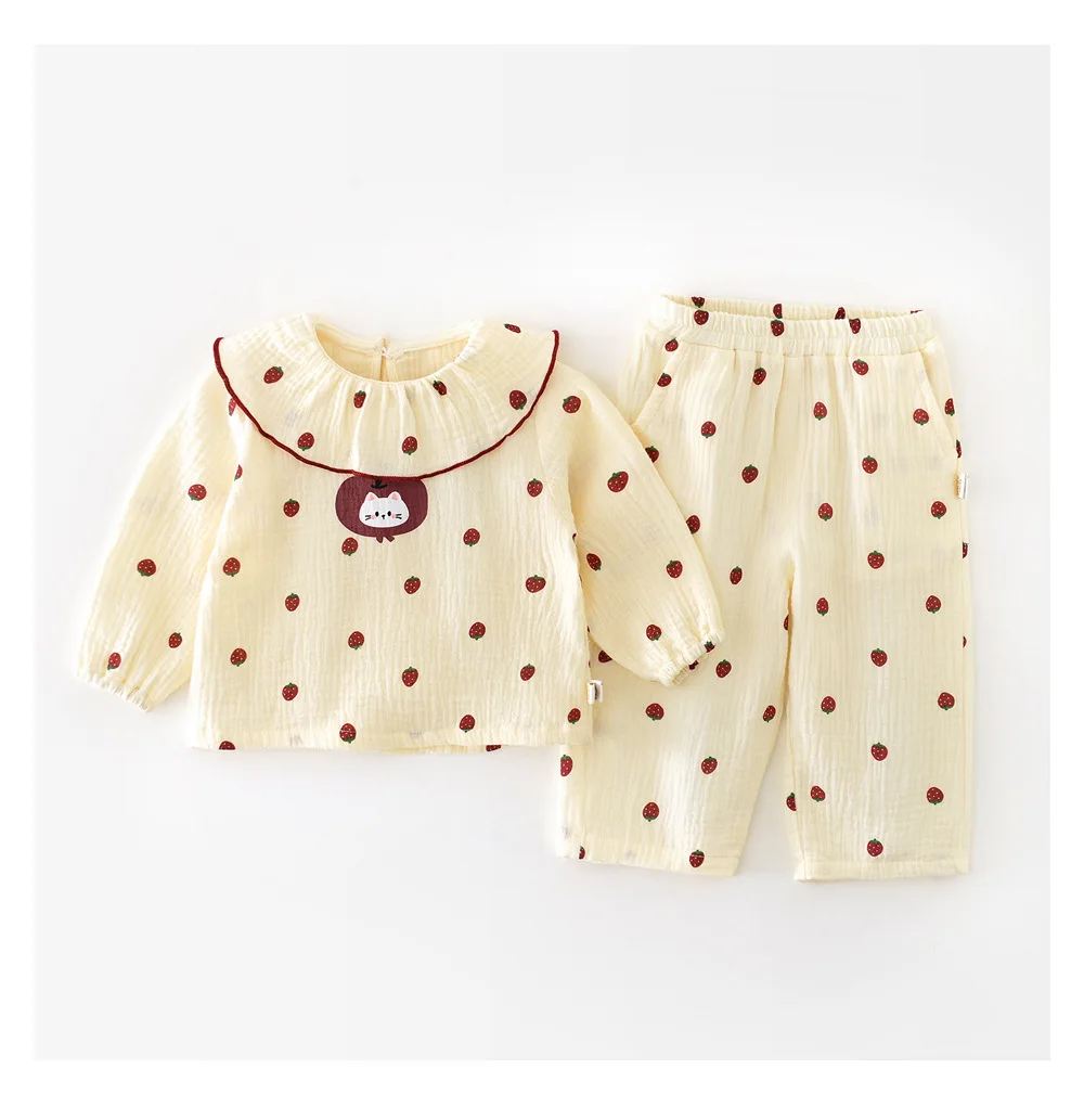 Autumn Newborn Girls Two-piece Set Peter Pan Collar Long-sleeved Toddler Girl Top Elastic Waist Strawberry Print Kids Girl Pants