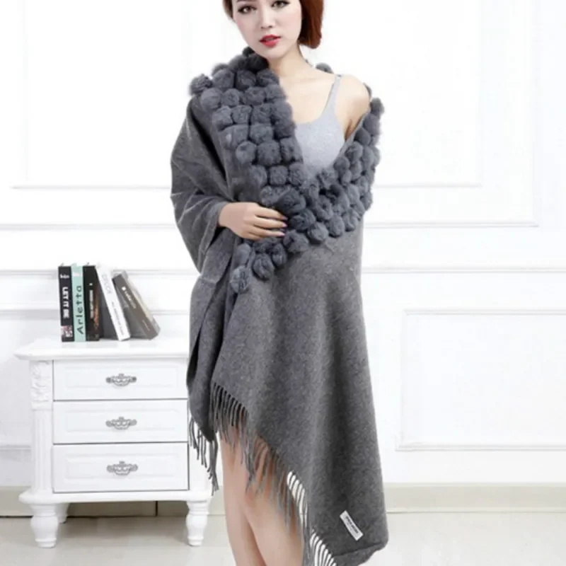 Luxury Cashmere Scarf Wool Shawl Rabbit Hair Faux Mink Fur Balls Triangle 120pcs 3D Balls Gift Pashmina Wrap Scarfs Bridal shawl