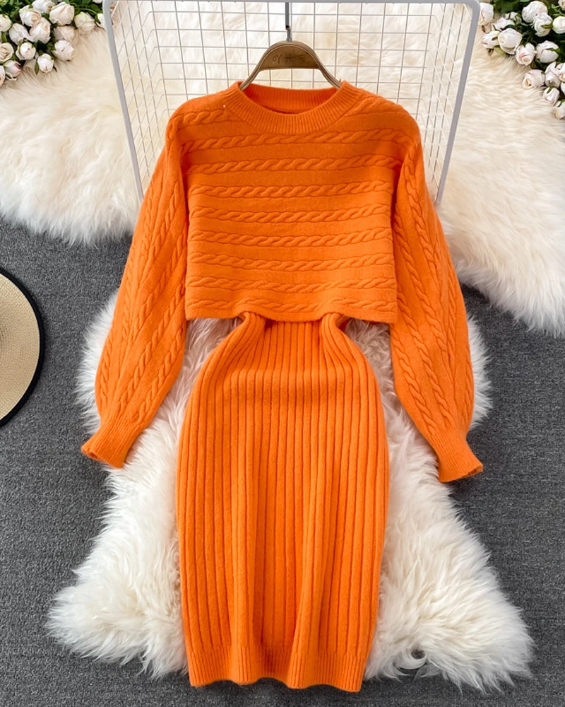 Two Pieces Sets Autumn Knitted Dress Suits 2024 O Neck Long Sleeves Short Pullover Sweater + Strap Elastic Midi Sweater Dress