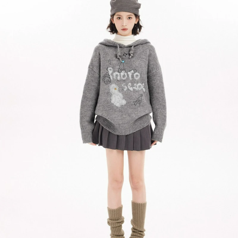 

New Style Fashionable Korean-style Casual Loose Pullover Autumn/winter Grey Printed Hooded Pullover Knitted Sweater for Women