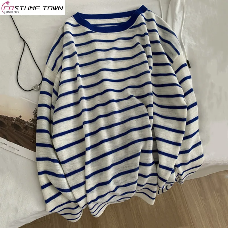

Autumn Korean fashion new blue striped knitted loose casual long sleeved top