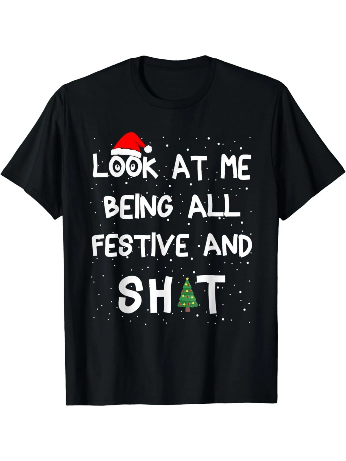 

Festive Christmas Tee, "All Festive and Shit" Black Cotton Santa Hat Snowflake Tee